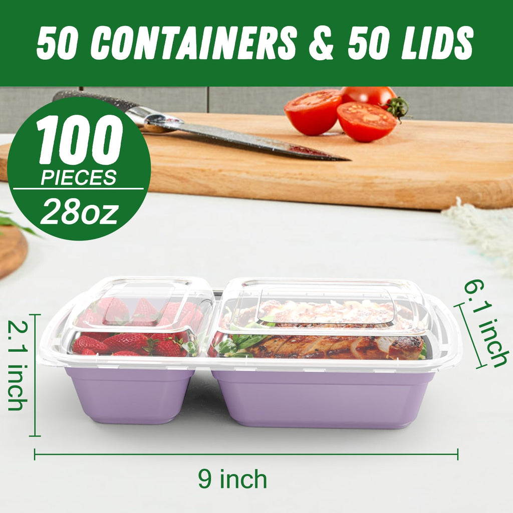 Dealusy 50 Pack (100-Piece) 28 oz Meal Prep Containers Reusable with Lids 2-Compartment, Sturdy Leakproof Food Safe, Microwave Freezer Dishwasher Safe, To Go Take Out Plastic Food Storage, Lilac