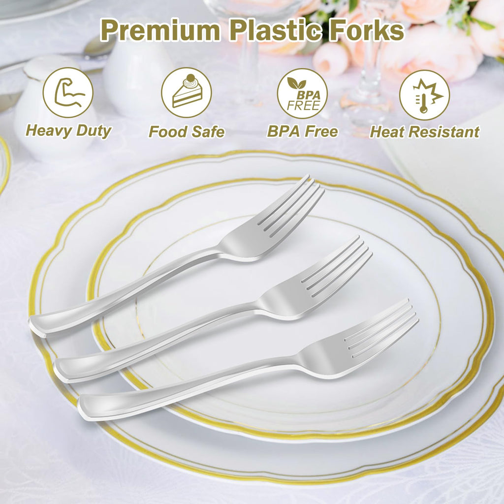 Dealusy 100 Count Heavy Duty Silver Plastic Forks Disposable, BPA-Free, Heat Resistant, Solid and Durable Premium Plastic Disposable Forks for Party Supply