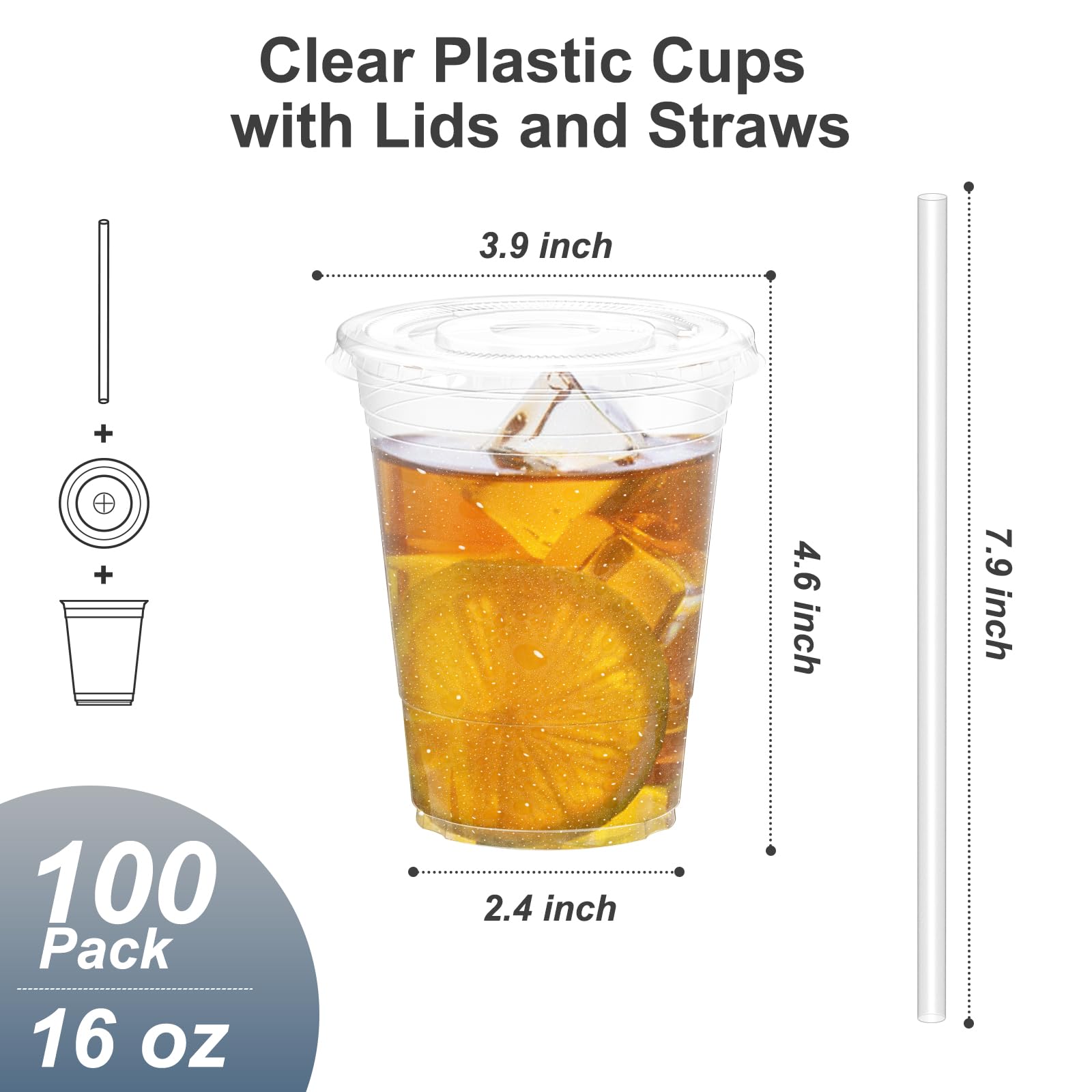 Dealusy 100 Pack - 16 oz Clear Plastic Cups with Lids and Straws, Sturdy & Food Safe Iced Coffee Cups with lids, Disposable Plastic Smoothie Cups for Cold Drinks