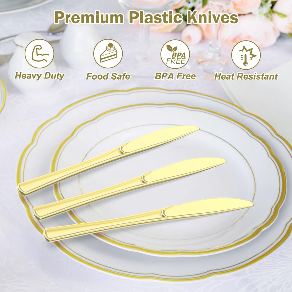 Dealusy 100 Count Heavy Duty Gold Plastic Knives Disposable, BPA-Free, Heat Resistant, Solid and Durable Premium Plastic Disposable Knives for Party Supply