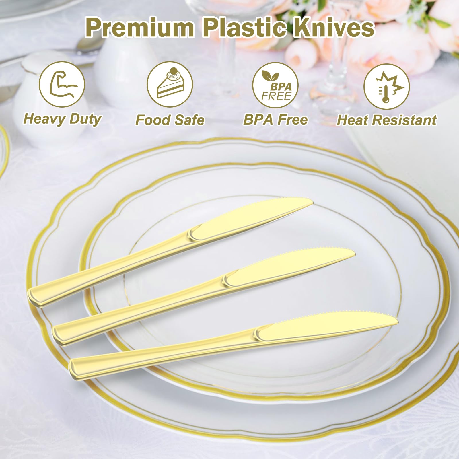 Dealusy 100 Count Heavy Duty Gold Plastic Knives Disposable, BPA-Free, Heat Resistant, Solid and Durable Premium Plastic Disposable Knives for Party Supply