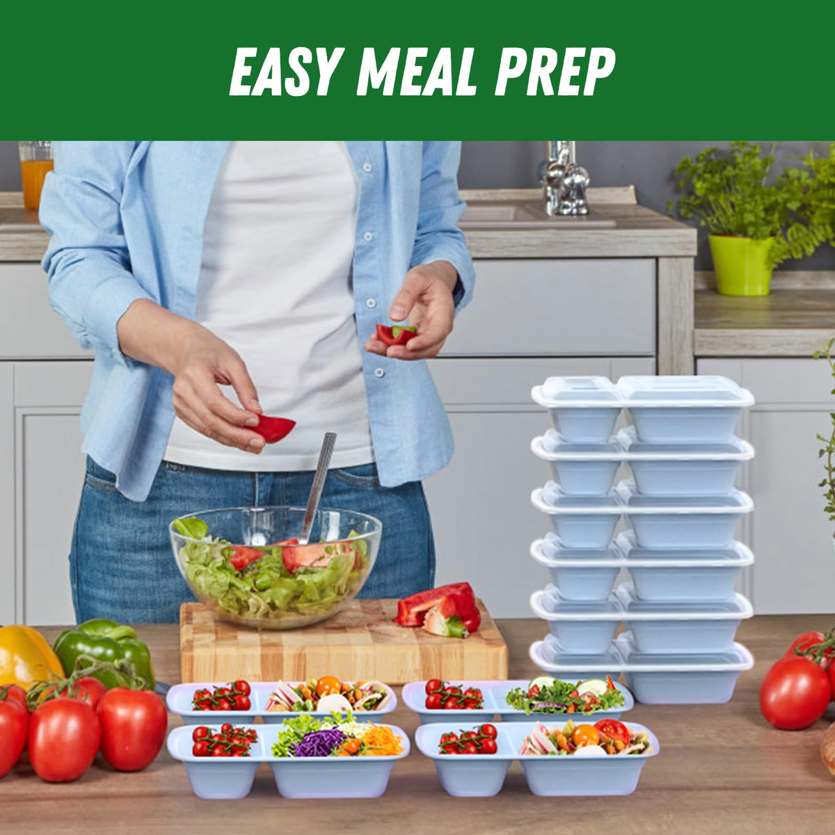 Dealusy 50 Pack (100-Piece) 28 oz Meal Prep Containers Reusable with Lids 2-Compartment, Sturdy Leakproof Food Safe, Microwave Freezer Dishwasher Safe, To Go Take Out Plastic Food Storage, Blue