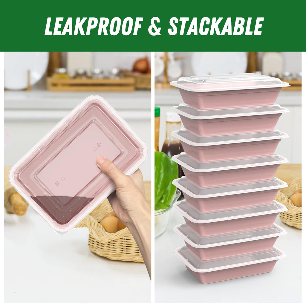 50 Pack (100-Piece) 32 oz Meal Prep Containers Reusable with Easy Open Lids, Sturdy Leakproof Food Safe, Microwave Freezer Dishwasher Safe, To Go Take Out Plastic Food Storage Pans with Lids, Pink