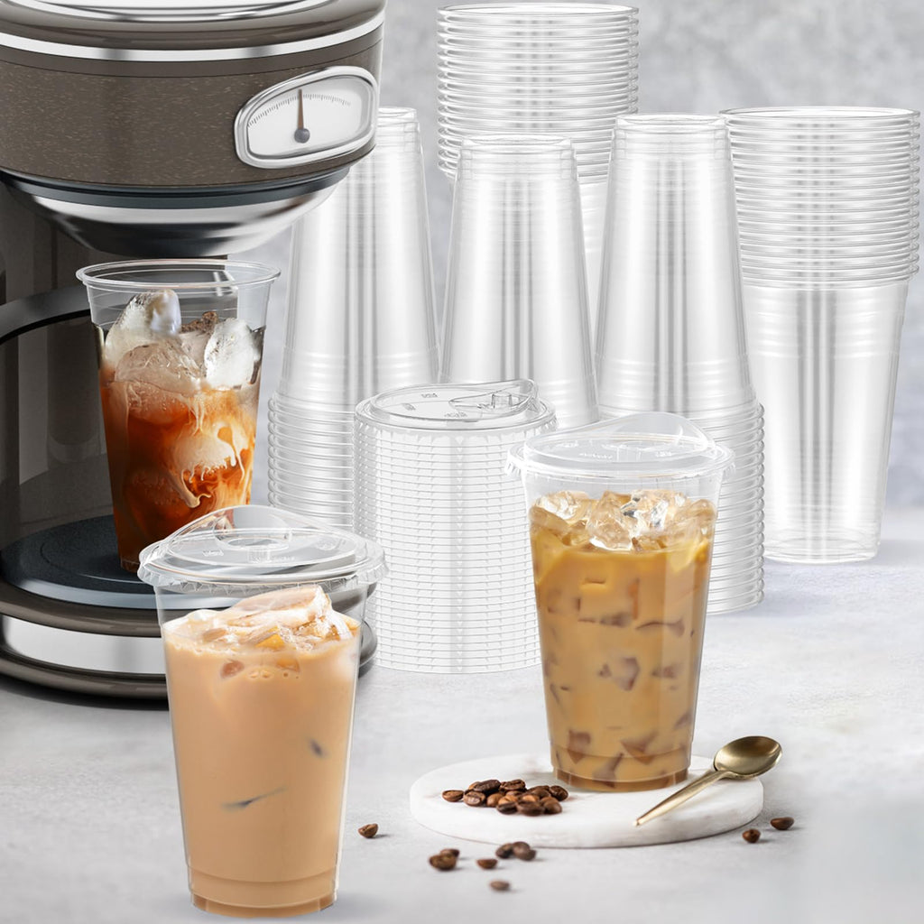 Dealusy 100 Pack - 20 oz Clear Plastic Cups with Lids, Sturdy & Food Safe Iced Coffee Cups with lids, Disposable Plastic Smoothie Cups for Cold Drinks, Sip Lids