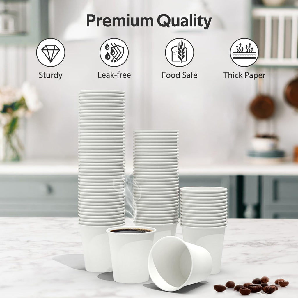 Dealusy 100 Count 6 oz Coffee Cups, Leak-Free Food Safe Paper Cups 6 oz, Disposable 6oz White Paper Cups for Cold and Hot Drinks