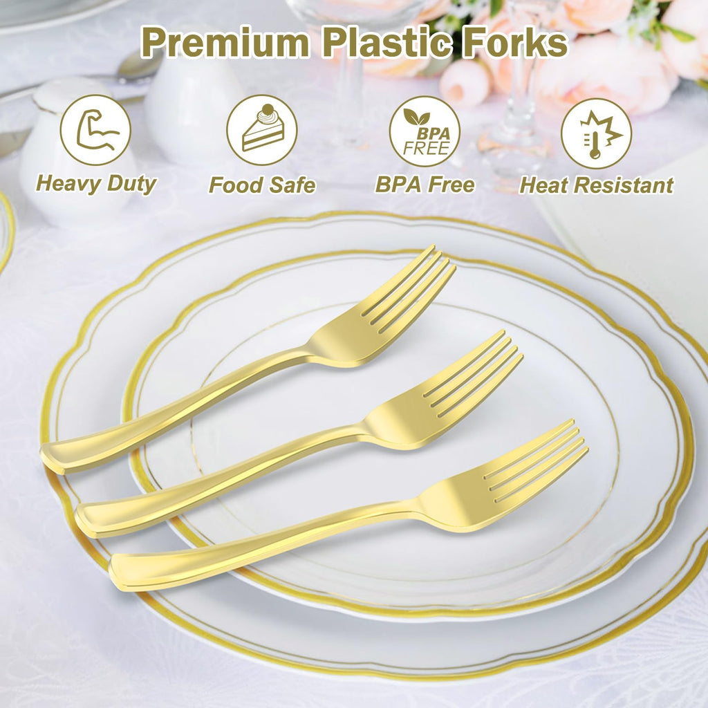 Dealusy 100 Count Heavy Duty Gold Plastic Forks Disposable, BPA-Free, Heat Resistant, Solid and Durable Premium Plastic Disposable Forks for Party Supply
