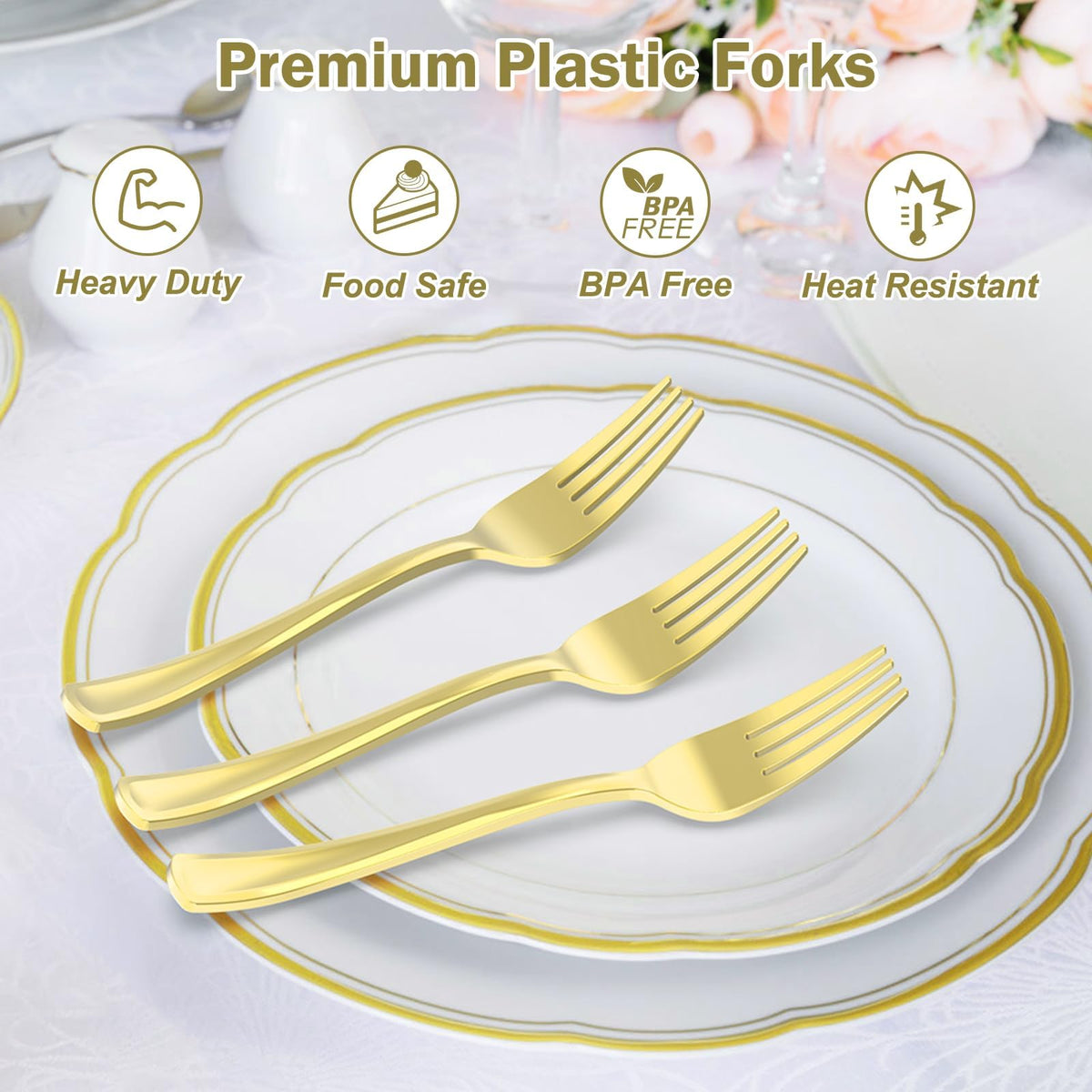Dealusy 100 Count Heavy Duty Gold Plastic Forks Disposable, BPA-Free, Heat Resistant, Solid and Durable Premium Plastic Disposable Forks for Party Supply