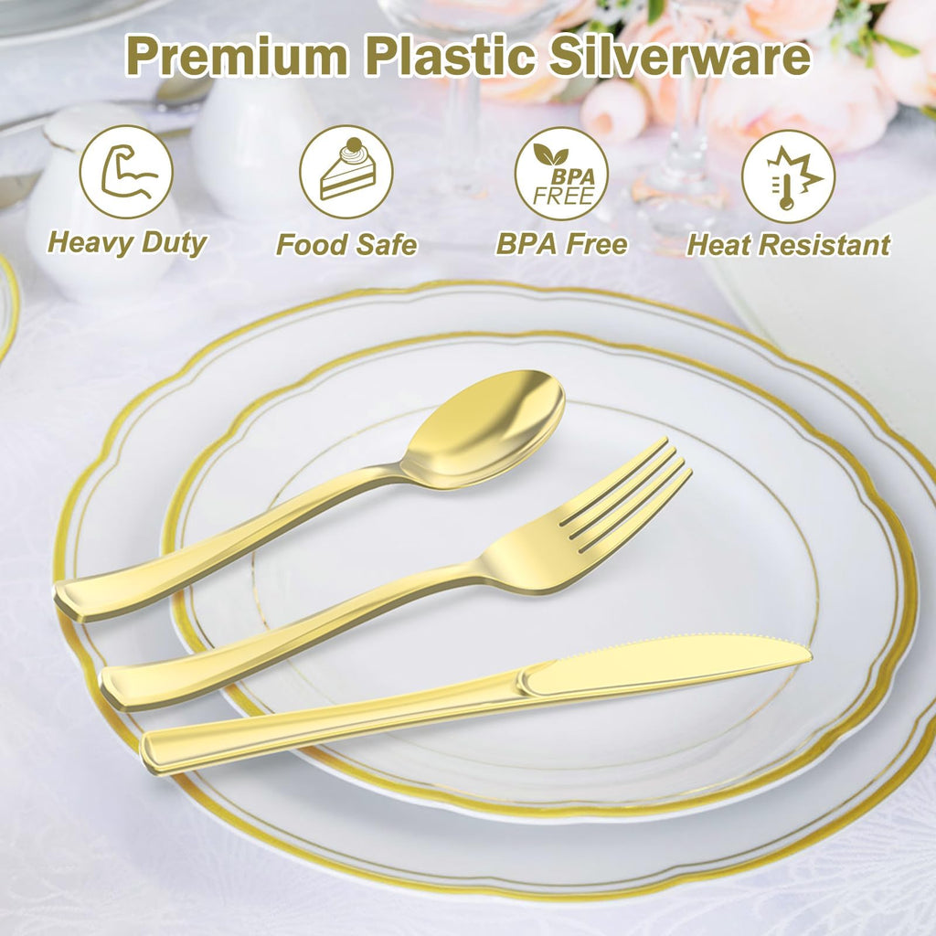 Dealusy 200 Count Heavy Duty Gold Plastic Silverware, 100 Forks, 50 Spoons, 50 Knives, BPA-Free, Heat Resistant, Disposable Plastic Utensils Set Cutlery Set, Plasticware Bulk