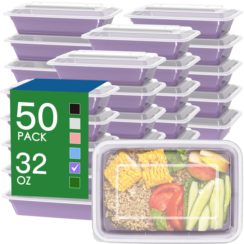 50 Pack (100-Piece) 32 oz Meal Prep Containers Reusable with Easy Open Lids, Sturdy Leakproof Food Safe, Microwave Freezer Dishwasher Safe, To Go Take Out Plastic Food Storage Pans with Lids, Lilac