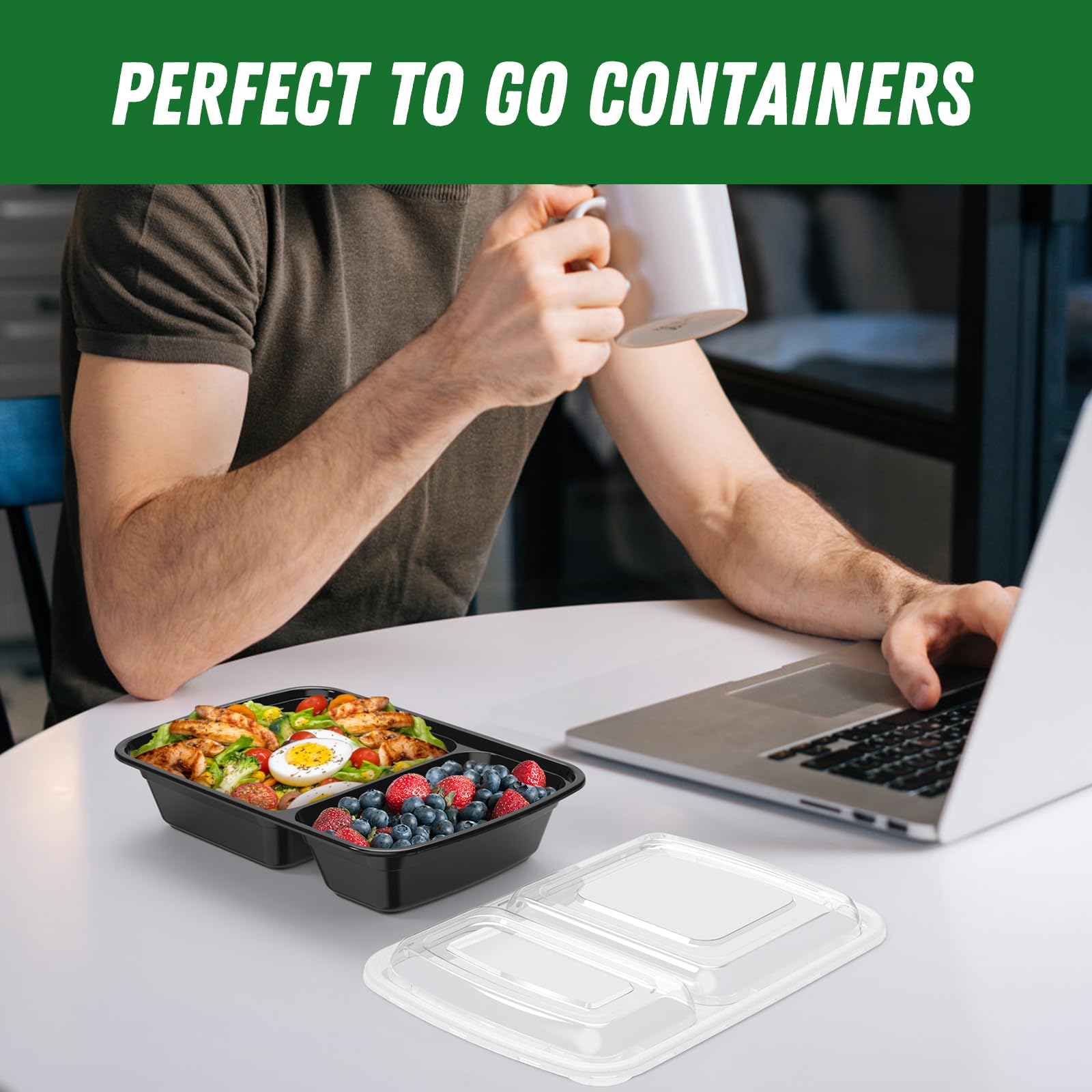 Dealusy 50 Pack (100-Piece) 28 oz Meal Prep Containers Reusable with Lids 2-Compartment, Sturdy Leakproof Food Safe, Microwave Freezer Dishwasher Safe, To Go Take Out Plastic Food Storage, Black