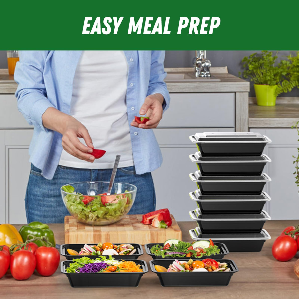 Dealusy 50 Pack (100-Piece) 32 oz Meal Prep Containers Reusable with Lids, Sturdy Leakproof & Food Safe, Microwave, Freezer, Dishwasher Safe Prep Containers, To Go Take Out Plastic Food Storage
