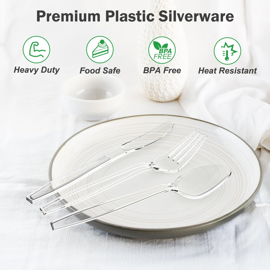 Dealusy 360 Count Extra Heavy Duty Clear Plastic Silverware, 150 Forks, 150 Spoons, 60 Knives, BPA-Free, Heat Resistant, Disposable Plastic Utensils Set, Plastic Cutlery Set, Plasticware Bulk