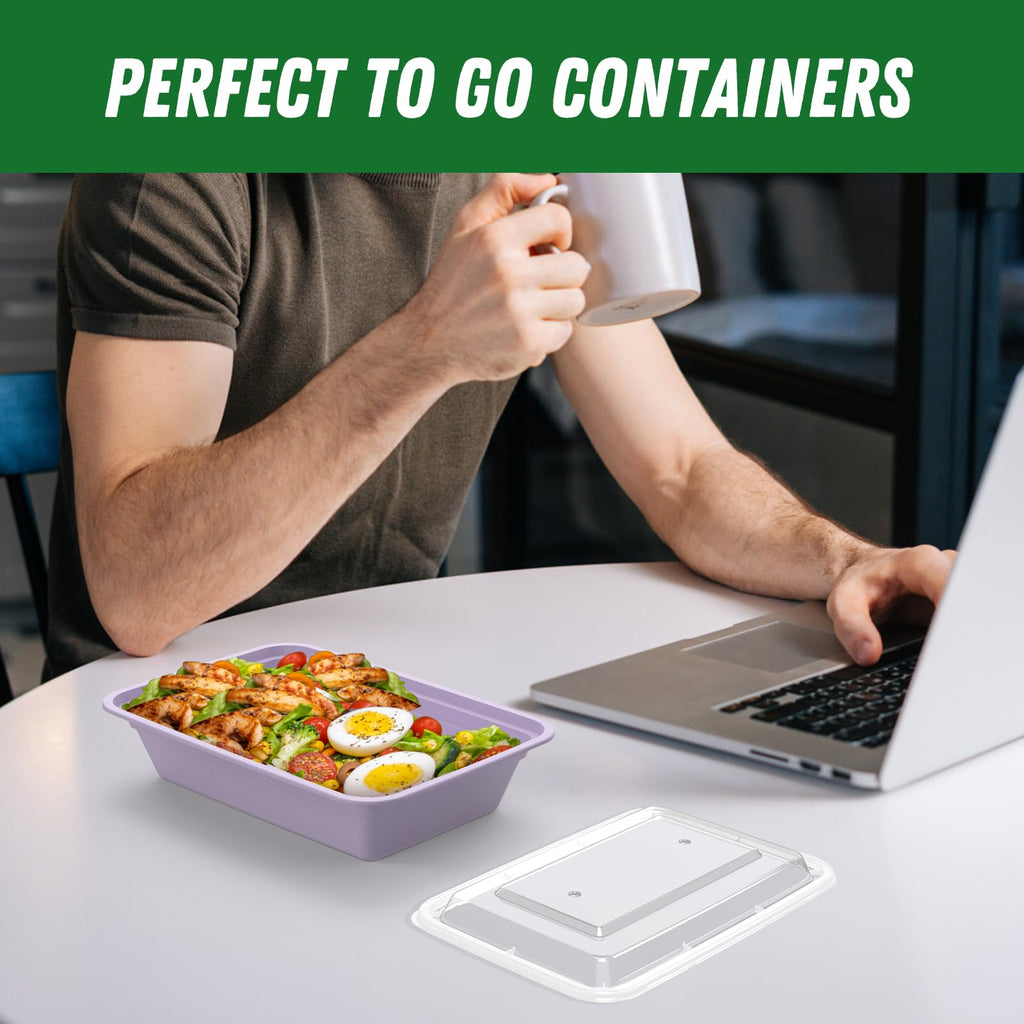 50 Pack (100-Piece) 32 oz Meal Prep Containers Reusable with Easy Open Lids, Sturdy Leakproof Food Safe, Microwave Freezer Dishwasher Safe, To Go Take Out Plastic Food Storage Pans with Lids, Lilac
