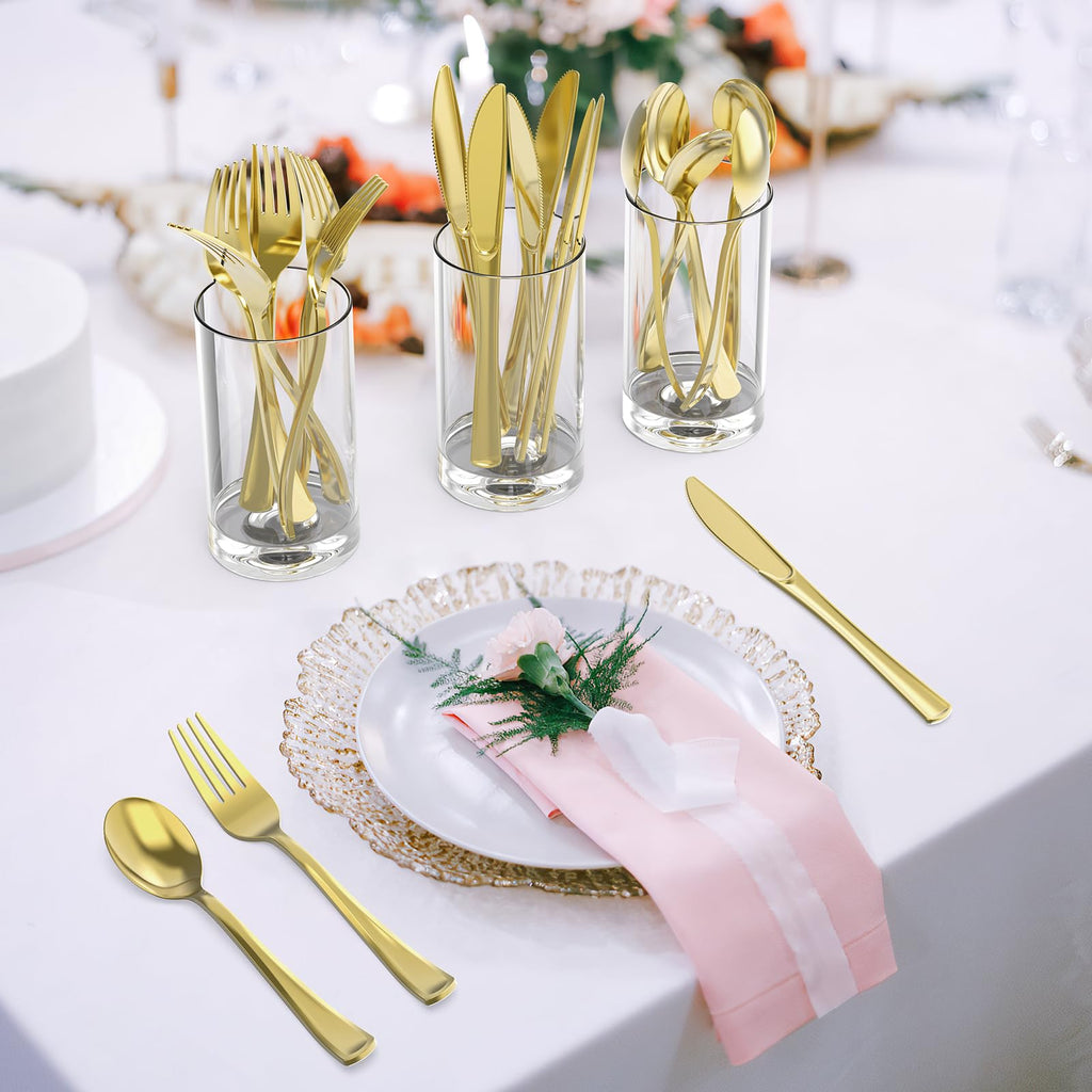 Dealusy 100 Count Heavy Duty Gold Plastic Knives Disposable, BPA-Free, Heat Resistant, Solid and Durable Premium Plastic Disposable Knives for Party Supply