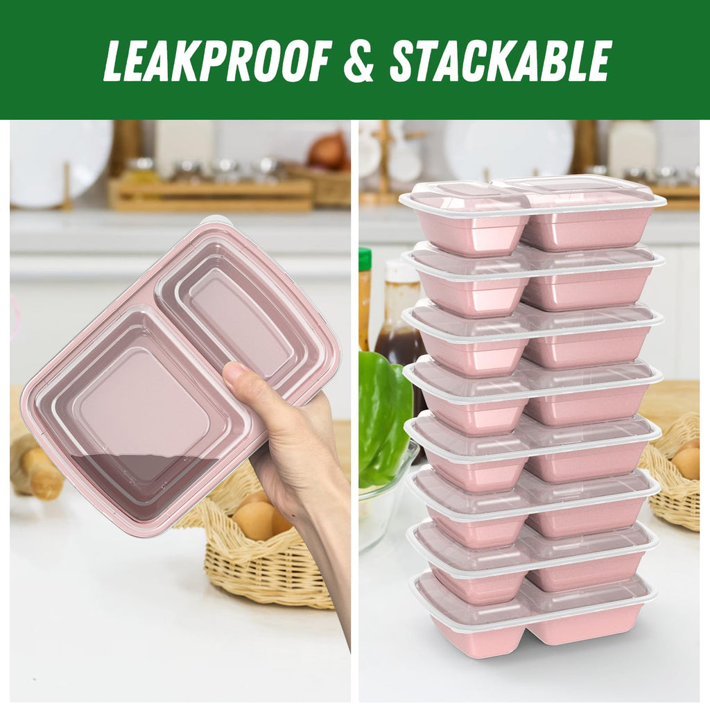 Dealusy 50 Pack (100-Piece) 28 oz Meal Prep Containers Reusable with Lids 2-Compartment, Sturdy Leakproof Food Safe, Microwave Freezer Dishwasher Safe, To Go Take Out Plastic Food Storage, Pink