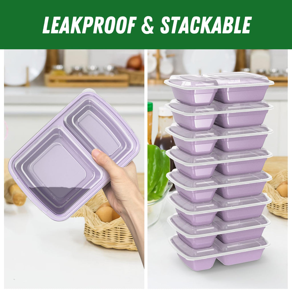 Dealusy 50 Pack (100-Piece) 28 oz Meal Prep Containers Reusable with Lids 2-Compartment, Sturdy Leakproof Food Safe, Microwave Freezer Dishwasher Safe, To Go Take Out Plastic Food Storage, Lilac