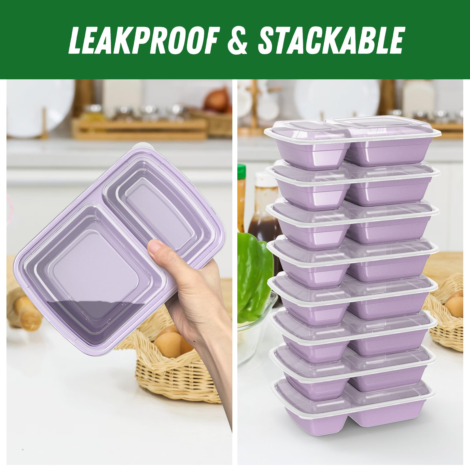 Dealusy 50 Pack (100-Piece) 28 oz Meal Prep Containers Reusable with Lids 2-Compartment, Sturdy Leakproof Food Safe, Microwave Freezer Dishwasher Safe, To Go Take Out Plastic Food Storage, Lilac