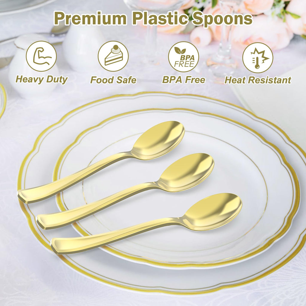 Dealusy 100 Count Heavy Duty Gold Plastic Spoons Disposable, BPA-Free, Heat Resistant, Solid and Durable Premium Plastic Disposable Spoons for Party Supply