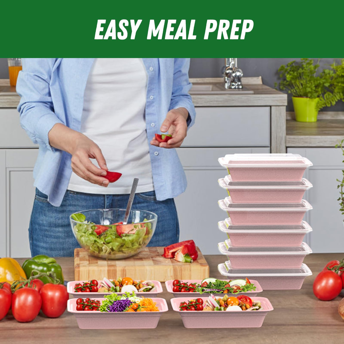 50 Pack (100-Piece) 32 oz Meal Prep Containers Reusable with Easy Open Lids, Sturdy Leakproof Food Safe, Microwave Freezer Dishwasher Safe, To Go Take Out Plastic Food Storage Pans with Lids, Pink