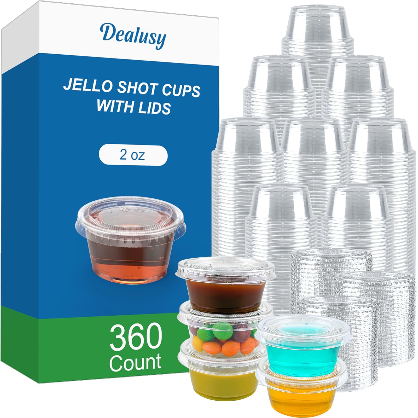 Dealusy 360 Set 2 oz Jello Shot Cups with Lids, Sturdy & Food Safe Disposable Plastic Portion Condiment Dipping Sauce Cups, Small Containers for Salad Dressing