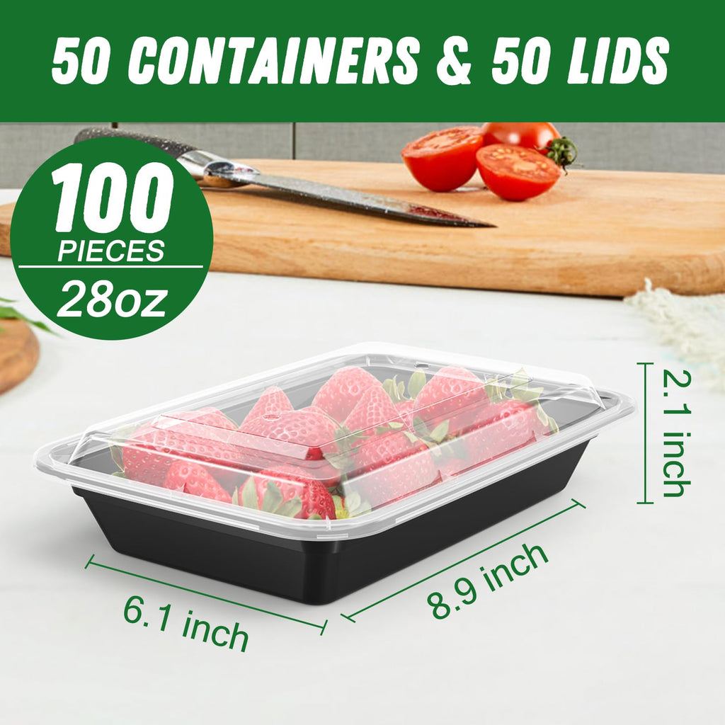 Dealusy 50 Pack (100-Piece) 28 oz Meal Prep Containers Reusable with Lids, Sturdy Leakproof & Food Safe, Microwave, Freezer, Dishwasher Safe Prep Containers, To Go Take Out Plastic Food Storage