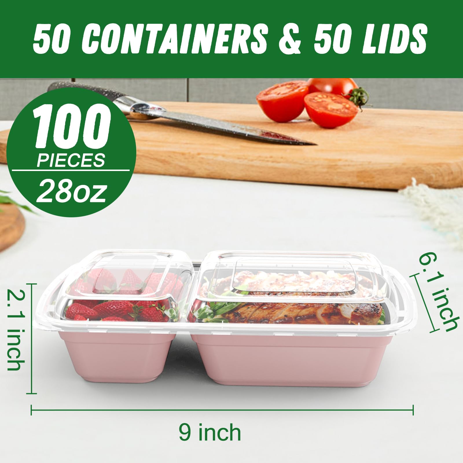 Dealusy 50 Pack (100-Piece) 28 oz Meal Prep Containers Reusable with Lids 2-Compartment, Sturdy Leakproof Food Safe, Microwave Freezer Dishwasher Safe, To Go Take Out Plastic Food Storage, Pink