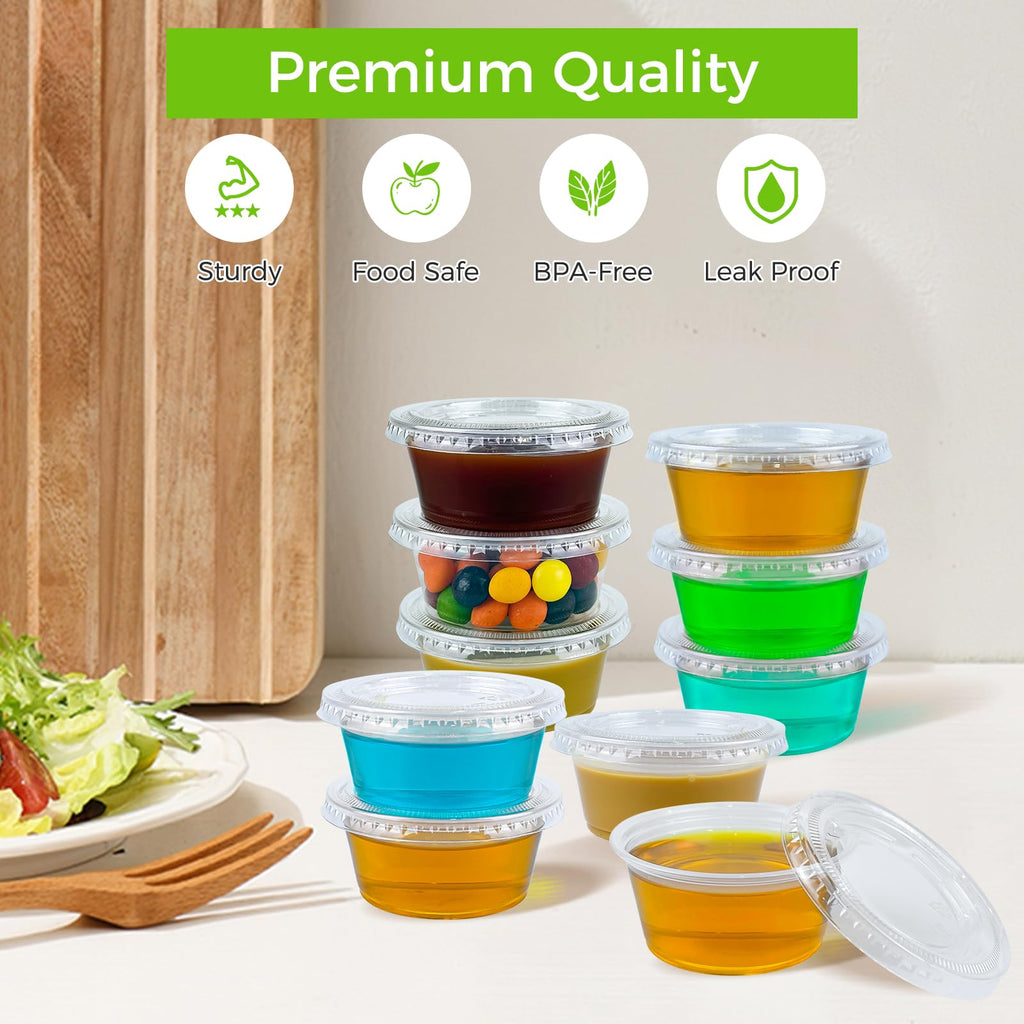 Dealusy 360 Set 4 oz Jello Shot Cups with Lids, Sturdy & Food Safe Disposable Plastic Portion Condiment Dipping Sauce Cups, Small Containers for Salad Dressing