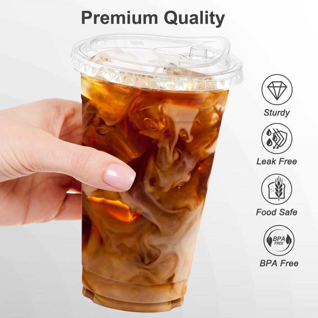 Dealusy 100 Pack - 20 oz Clear Plastic Cups with Lids, Sturdy & Food Safe Iced Coffee Cups with lids, Disposable Plastic Smoothie Cups for Cold Drinks, Sip Lids