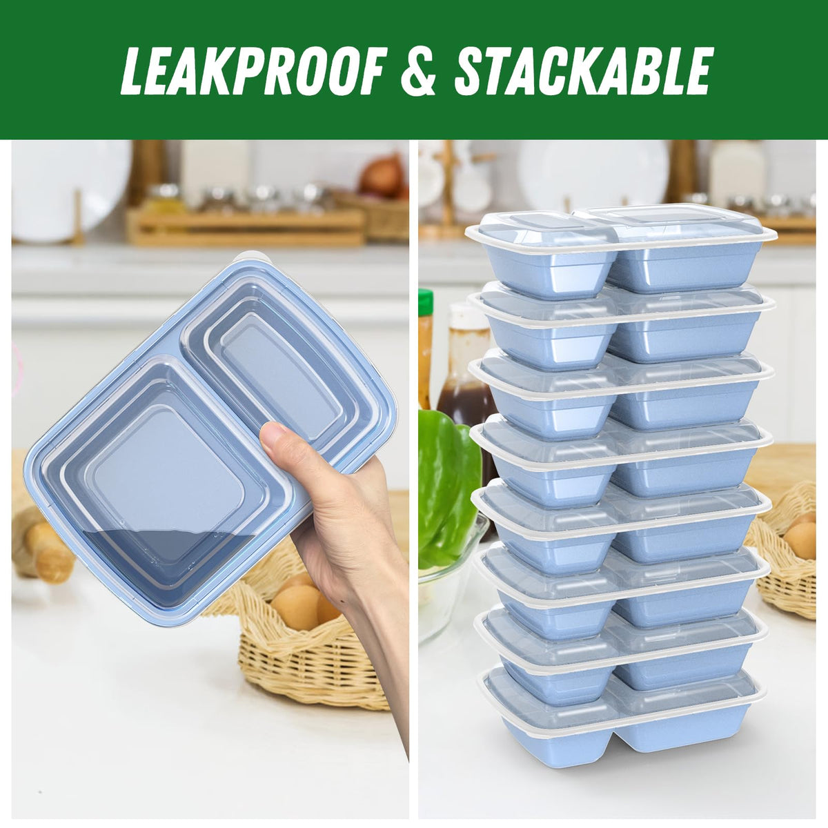 Dealusy 50 Pack (100-Piece) 28 oz Meal Prep Containers Reusable with Lids 2-Compartment, Sturdy Leakproof Food Safe, Microwave Freezer Dishwasher Safe, To Go Take Out Plastic Food Storage, Blue