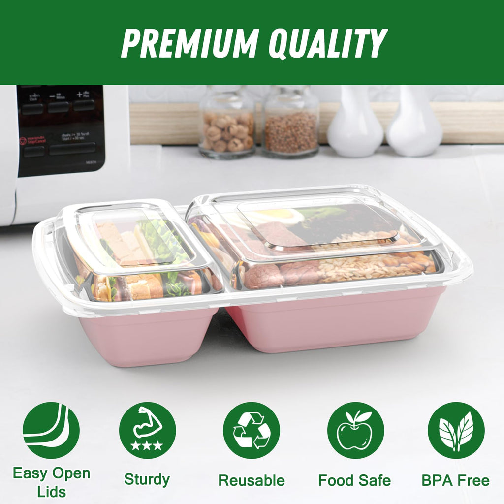 Dealusy 50 Pack (100-Piece) 28 oz Meal Prep Containers Reusable with Lids 2-Compartment, Sturdy Leakproof Food Safe, Microwave Freezer Dishwasher Safe, To Go Take Out Plastic Food Storage, Pink