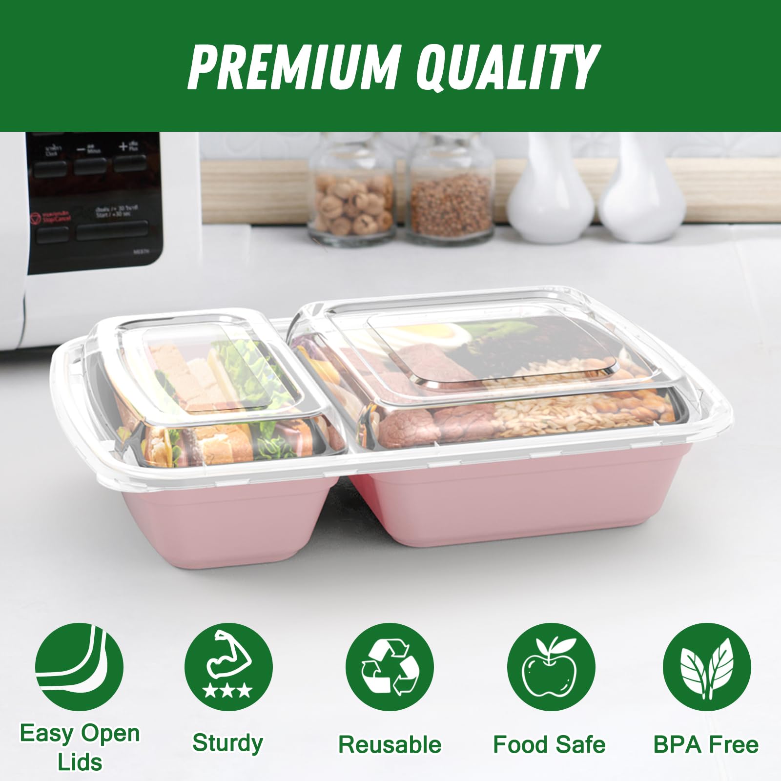 Dealusy 50 Pack (100-Piece) 28 oz Meal Prep Containers Reusable with Lids 2-Compartment, Sturdy Leakproof Food Safe, Microwave Freezer Dishwasher Safe, To Go Take Out Plastic Food Storage, Pink