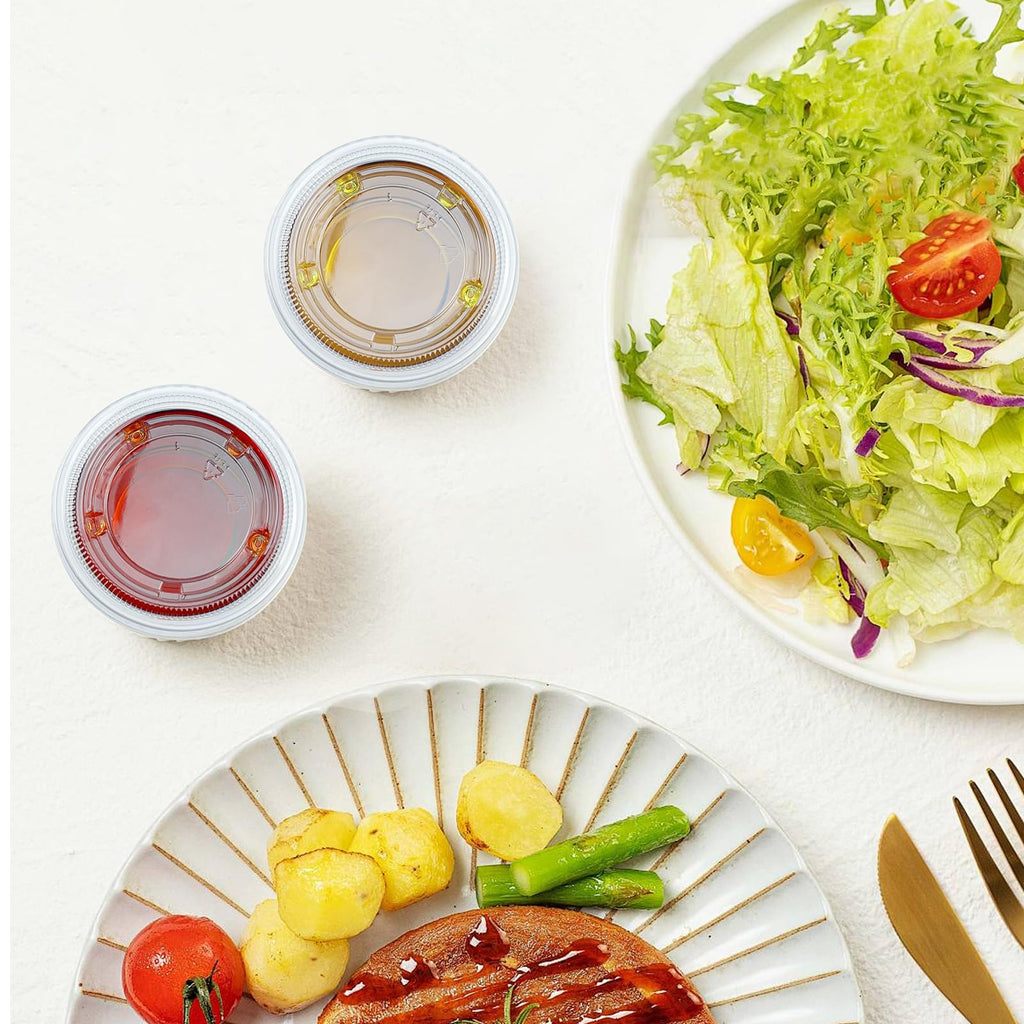 Dealusy 360 Set 4 oz Jello Shot Cups with Lids, Sturdy & Food Safe Disposable Plastic Portion Condiment Dipping Sauce Cups, Small Containers for Salad Dressing