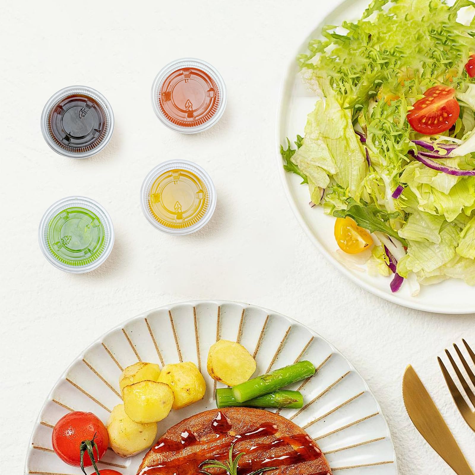 Dealusy 360 Set 1 oz Jello Shot Cups with Lids, Sturdy & Food Safe Disposable Plastic Portion Condiment Dipping Sauce Cups, Small Containers for Salad Dressing
