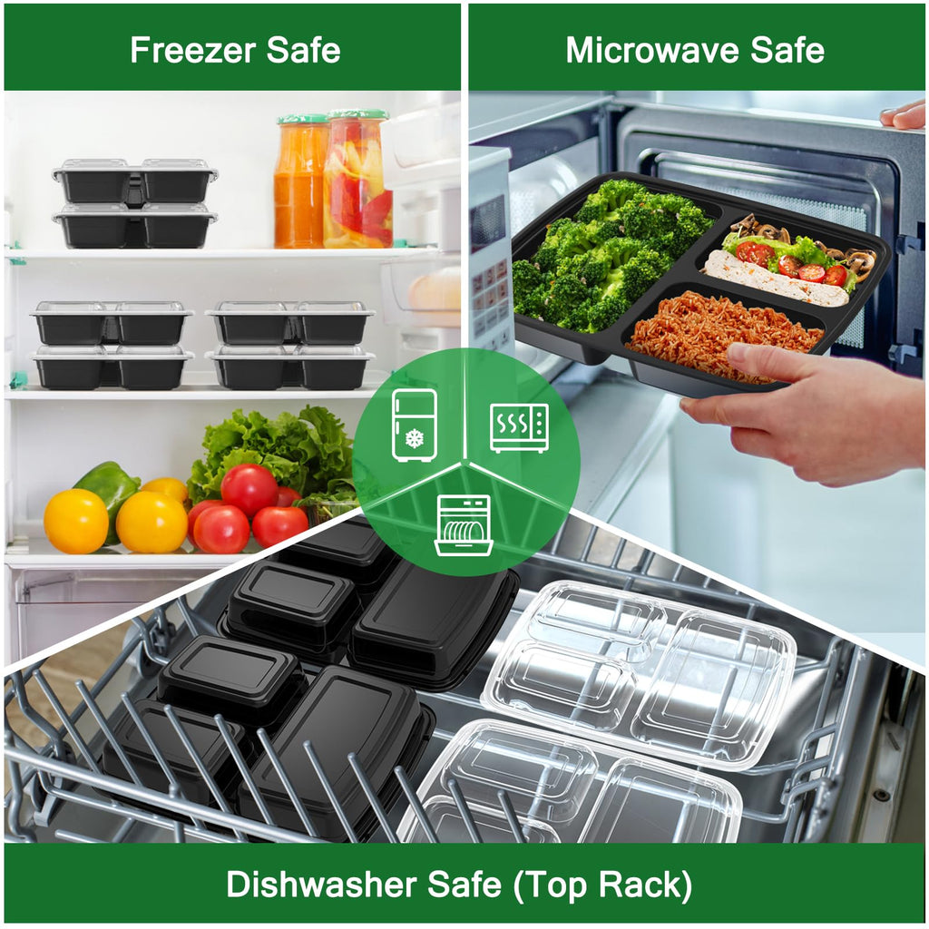 50 Pack (100-Piece) 32 oz Meal Prep Containers Reusable with Lids 3-Compartment, To Go Take Out Plastic Food Storage Containers, Sturdy Leakproof Food Safe, Microwave Freezer Dishwasher Safe, Black