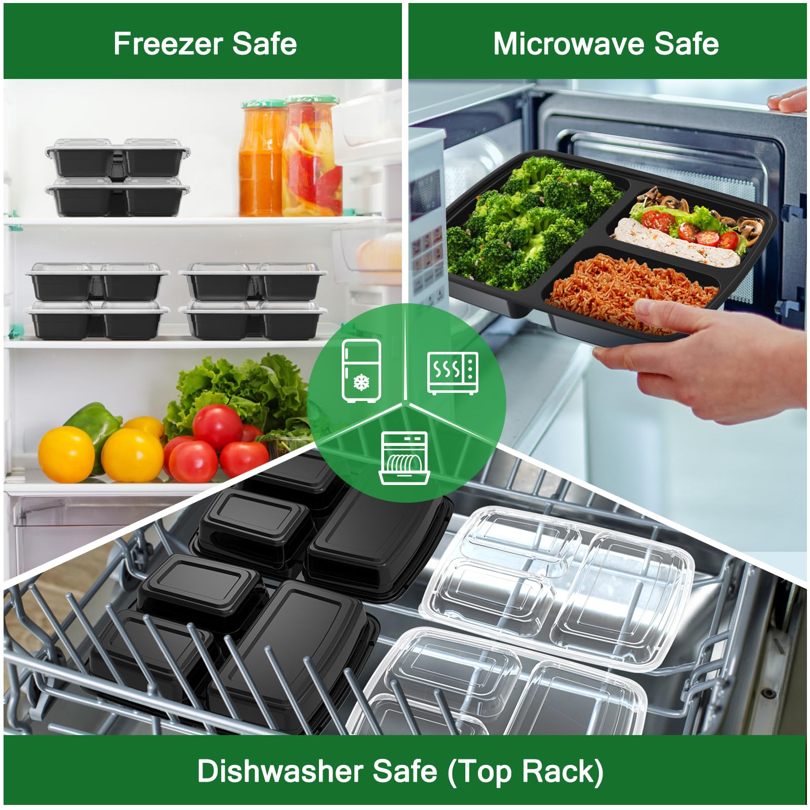 50 Pack (100-Piece) 32 oz Meal Prep Containers Reusable with Lids 3-Compartment, To Go Take Out Plastic Food Storage Containers, Sturdy Leakproof Food Safe, Microwave Freezer Dishwasher Safe, Black