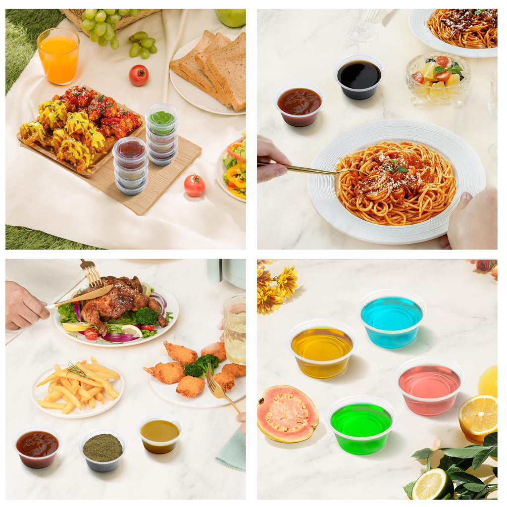 Dealusy 360 Set 2 oz Jello Shot Cups with Lids, Sturdy & Food Safe Disposable Plastic Portion Condiment Dipping Sauce Cups, Small Containers for Salad Dressing