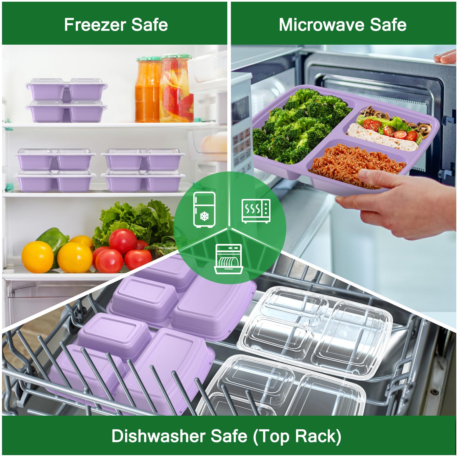 50 Pack (100-Piece) 32 oz Meal Prep Containers Reusable with Lids 3-Compartment, To Go Take Out Plastic Food Storage Containers, Sturdy Leakproof Food Safe, Microwave Freezer Dishwasher Safe, Lilac