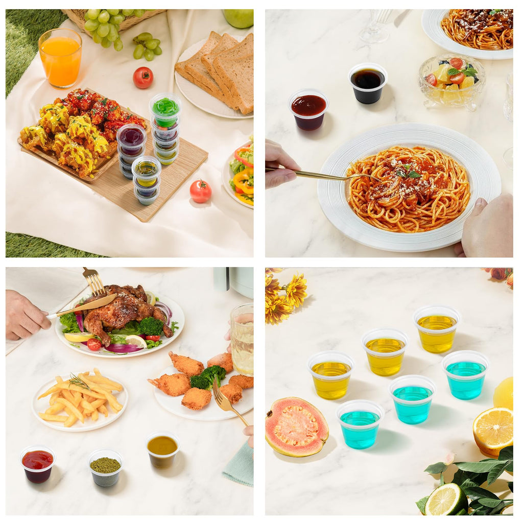Dealusy 360 Set 1 oz Jello Shot Cups with Lids, Sturdy & Food Safe Disposable Plastic Portion Condiment Dipping Sauce Cups, Small Containers for Salad Dressing