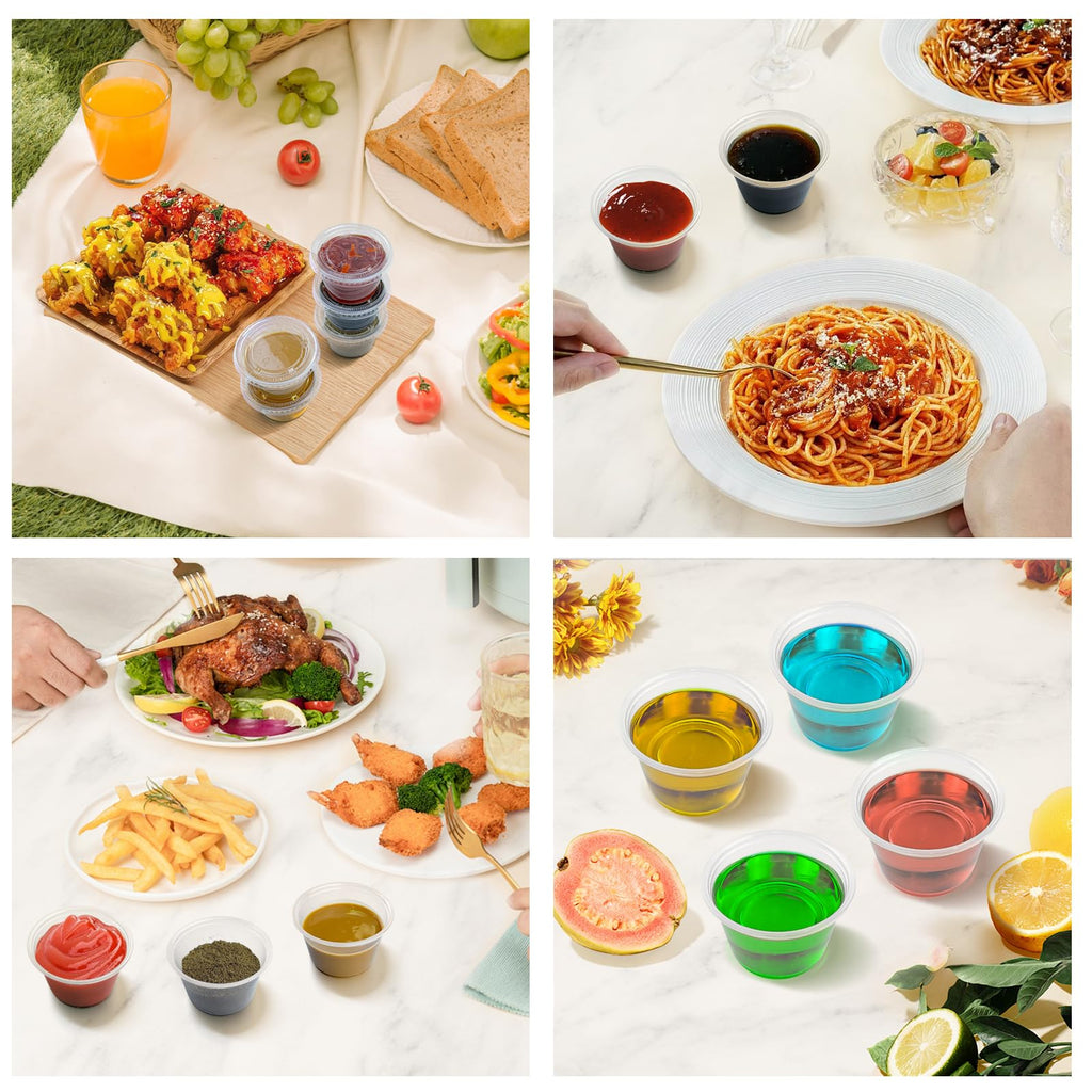 Dealusy 360 Set 4 oz Jello Shot Cups with Lids, Sturdy & Food Safe Disposable Plastic Portion Condiment Dipping Sauce Cups, Small Containers for Salad Dressing
